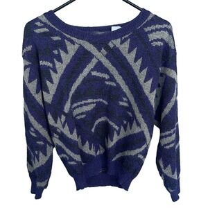 Vintage Organically Grown Sweater Womens Small Geometric 90s Blue‎
